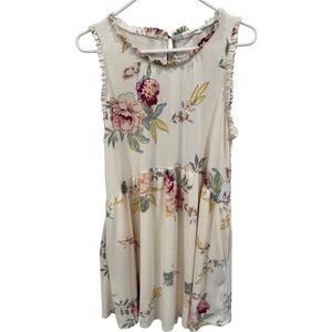 Eyeshadow Floral Print Ruffle Neck Sleeveless Midi‎ Dress Cream XL